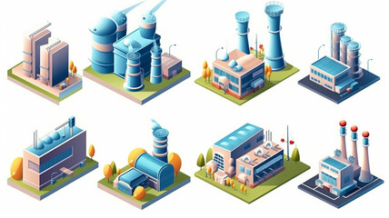 Industrial energy buildings set in isometric design. Power plants and alternative green hydro electric generation stations. Nuclear fuel reactor power. Geothermal or wind stations. Generative AI