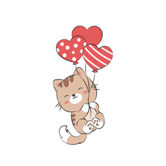 Cute cat with a love balloon. Vector illustration of a funny kitten in the doodle style. Pet animal character cartoon design. Cute illustration of a love cat