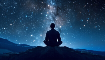 One man meditates in lotus position under starry night sky generated by AI