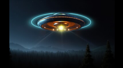 UFO flying with alien and abduct beam at night.3d rendering