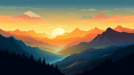 Fototapeta na wymiar Mountain peak view landscape with sunrise soft light. Flat 2d. Generative AI