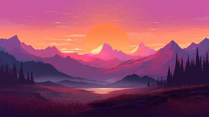 Mountain peak view landscape with sunrise soft light. Flat 2d. Generative AI