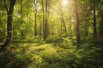 Green Forest Landscape with Sunlight, Background Wallpaper