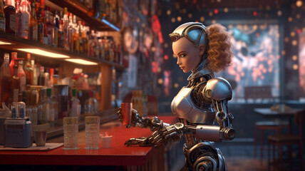 Portrait of a robot waitress in a bar. Generative AI