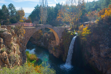 Turkey's waterfalls and rivers. historic stone bridge and waterfall. great photo where nature and architecture meet. Clandras bridge and Clandras waterfall. Usak , Turkey
