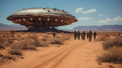 Scientist and police army are approaching a huge ufo plane which is smashed to pieces in the desert