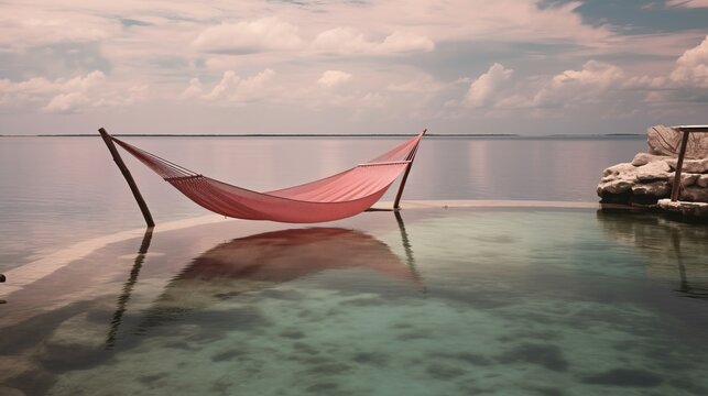 hammock on the beach suspended between two large palm trees, to enjoy nature, sunset
