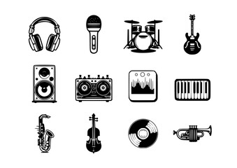 12 music instrument set black outlines vector illustrations
