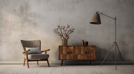 Wabi-sabi style interior mockup with chair,table,vase and floor lamp on grunge wall background.3d rendering