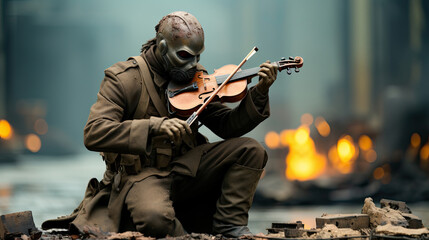 Fototapeta premium World War I soldiers wearing gas masks and playing the violin on the battlefield