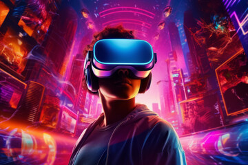 Fototapeta na wymiar A futuristic Illustration showing a person wearing a virtual reality headset while immersed in a virtual world, demonstrating the use of Creative AI in virtual reality content creation. Generative Ai