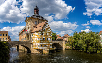 The old downtown of Bamberg with half-timbered houses