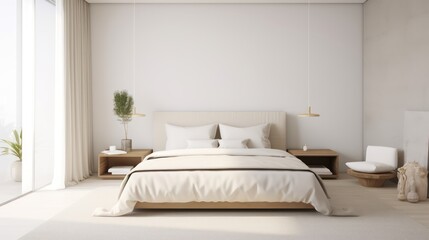 White bedroom interior. Earth tones design. 3d rendering