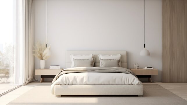 White bedroom interior. Earth tones design. 3d rendering
