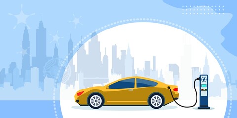 Naklejka premium proprietario dell'auto elettrica che utilizza lo smartphone per CARICARE START la stazione di ricarica in città - illustrazioni