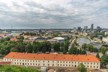 Obraz premium Vilnius, capital of Lithuania, Europe. Aerial view of the city, modern business financial district, architecture, buildings, with river and bridge, NATO summit 2023
