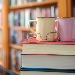 Coffee cups and reading glasses on a stack of books with a bookcase in the background out of focus.