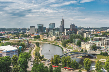 Fototapeta na wymiar Vilnius, capital of Lithuania, Europe. Aerial view of the city, modern business financial district, architecture, buildings, with river and bridge, NATO summit 2023