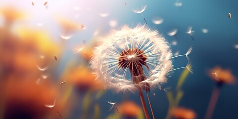 AI Generated. AI Generative. Seeded dandelion wild flower on field blowing. Nature outdoor wildflower adventure vacation landscape. Graphic Art