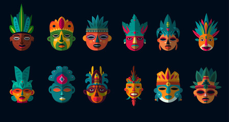 PACK VECTORIAL   DE MASCARAS AZTECAS, MAYAS COLORES BRILLANTES 