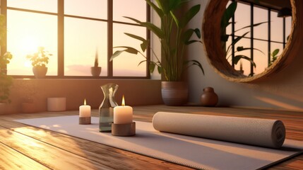 Yoga mat in yoga room with plant ,scented candle and mirror. 3d rendering