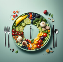 Fototapeta na wymiar Fast diet concept - Assortment of vegetables and fruits