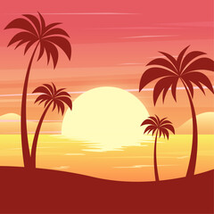 Fototapeta na wymiar Summer background with sunset and palm trees landscape