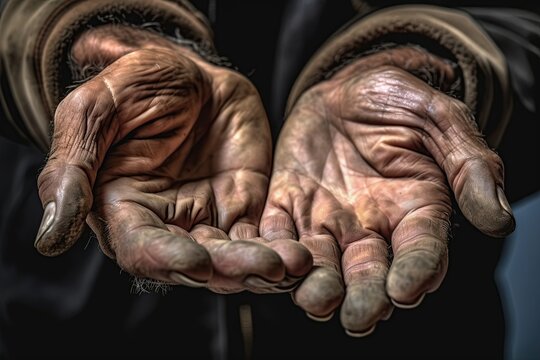 Hands of a beggar. Poor man's hands. Poverty concept. Generative Ai image