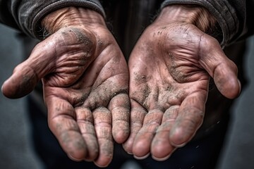 Fototapeta premium Hands of a beggar. Poor man's hands. Poverty concept. Generative Ai image