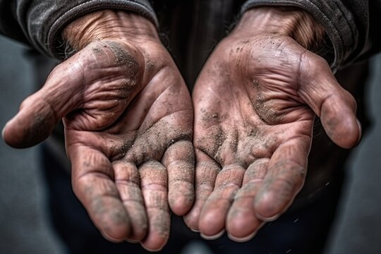 Hands of a beggar. Poor man's hands. Poverty concept. Generative Ai image