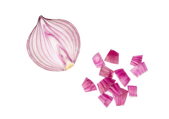 Red onion slices isolated on a white background, top view.