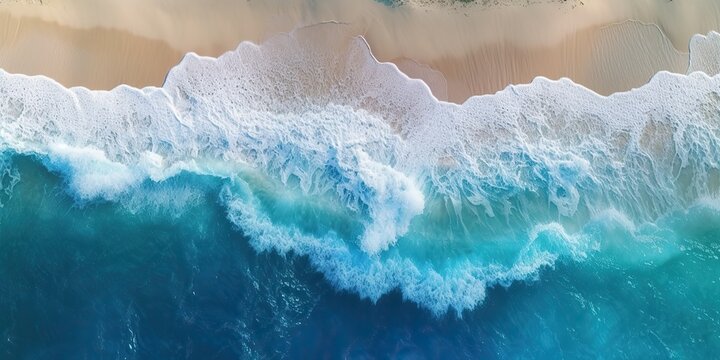 AI Generated. AI Generative. Top aerial drone air above view of ocean sea waves beach. Island vacation adventure surfing tropical vibe. Graphic Art