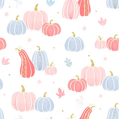 Cute hand drawn Pink Pumpkin seamless pattern, lovely design with gold details and decoration, great for thanks giving, textiles, banners, wallpapers, wrapping - vector design