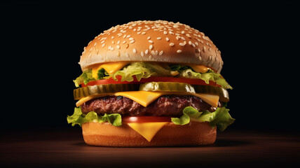 Product shot of fresh big hamburger or cheeseburger. Generative AI