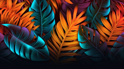 Tropical leaves background with neon light. Generative AI