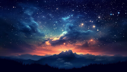 Majestic mountain peak glows in star filled galaxy, a nature adventure generated by AI