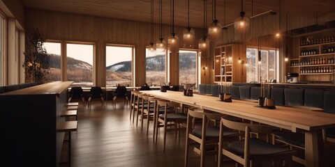 AI Generated. AI Generative. Elegance luxury inside wine vineyard restaurant decoration wood design architecture. Gourmet winery party evening. Graphic Art