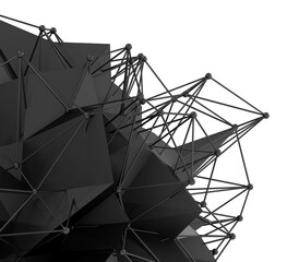 Abstract 3d dark geometrical background. Geometric black low poly shape and isolated white background.