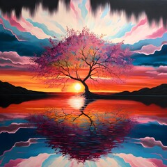 Bright psychedelic beautiful sunset sky over peaceful water Very small blossom tree in the centre 