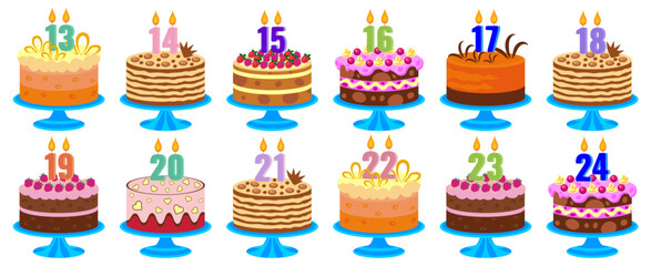  Birthday cakes set with candles 