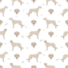 Irish wolfhound seamless pattern. Different poses, coat colors set