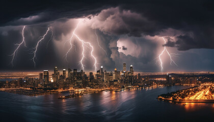 Electricity illuminates the city skyline during a dramatic thunderstorm generated by AI