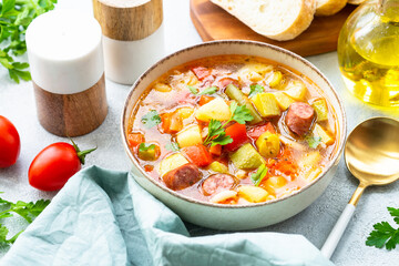 Minestrone soup, italian vegetable soup with smoked sausages, Top view on white table.