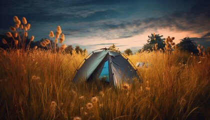 Sunset camping adventure in tranquil meadow, surrounded by mountain range generated by AI