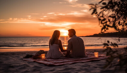 Sunset romance: women and men in love, togetherness outdoors on vacations generated by AI