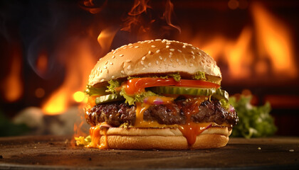 Grilled beef burger with cheese, tomato, onion on sesame bun generated by AI