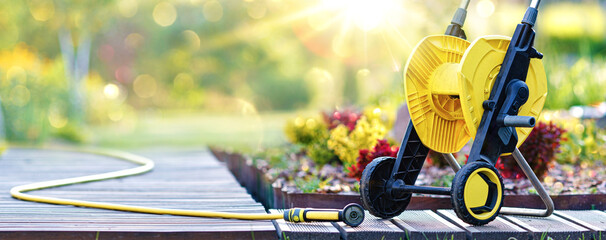 Sunny garden with flowers and garden tools. Natural background in bright sunbeams with highlights...