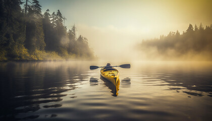 Rowing through tranquil waters, surrounded by nature beauty and serenity generated by AI