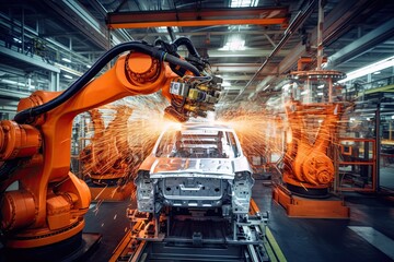 Advanced auto manufacturing robot factory revolutionizes the manufacturing process, marrying technology and innovation to deliver high-quality vehicles to the market. AI-generated