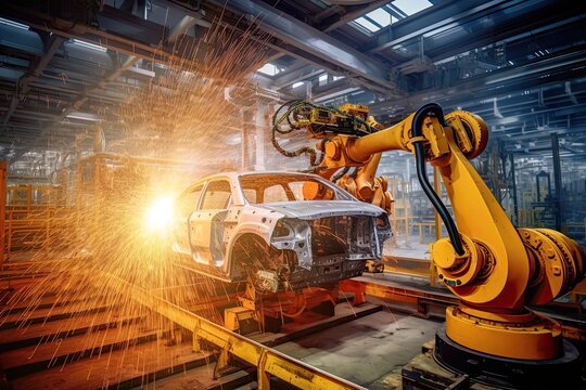 Car factory with the synchronized movements of the robots as they meticulously weld, paint, and assemble components, showcasing the future of automotive production. AI-generated